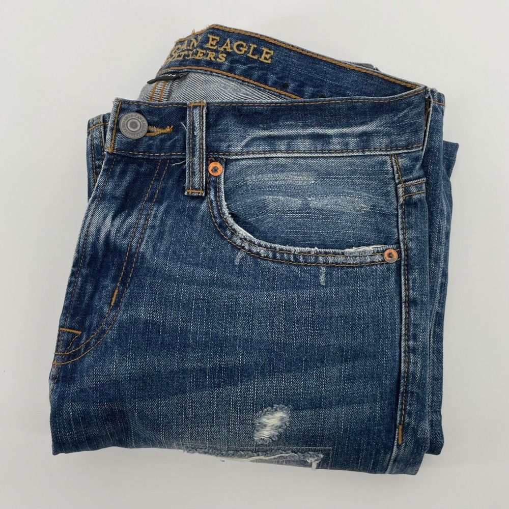 American Eagle Slim Straight Rugged Heritage Distressed Patchwork Jeans 28x32